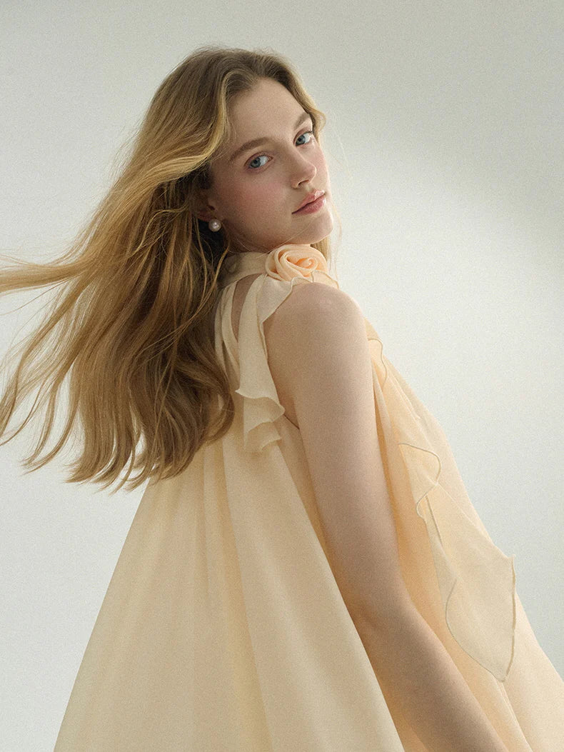 Ethereal Cream Ruffle Rose Halter Top