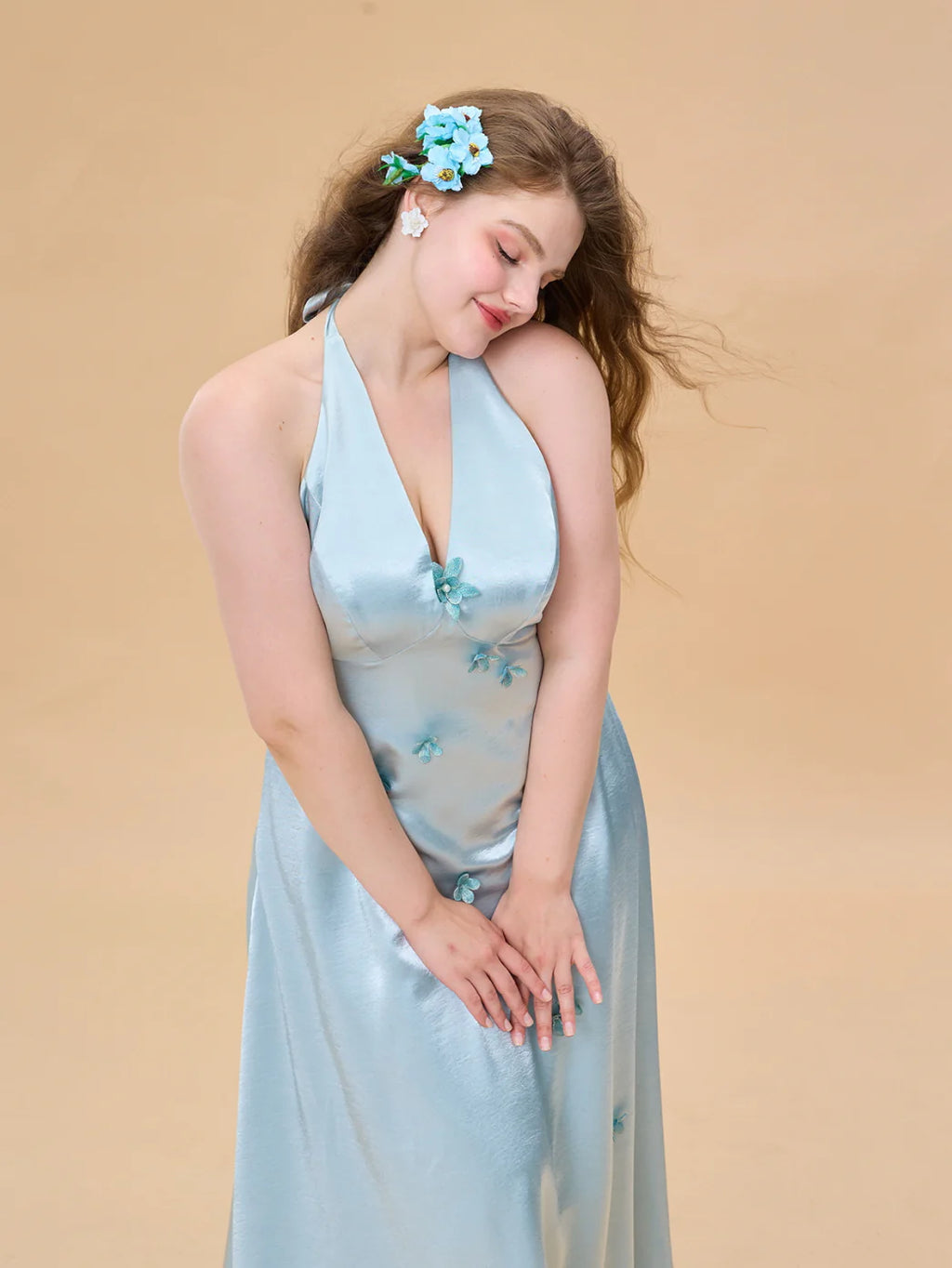 Ocean Bloom Satin Halter Dress