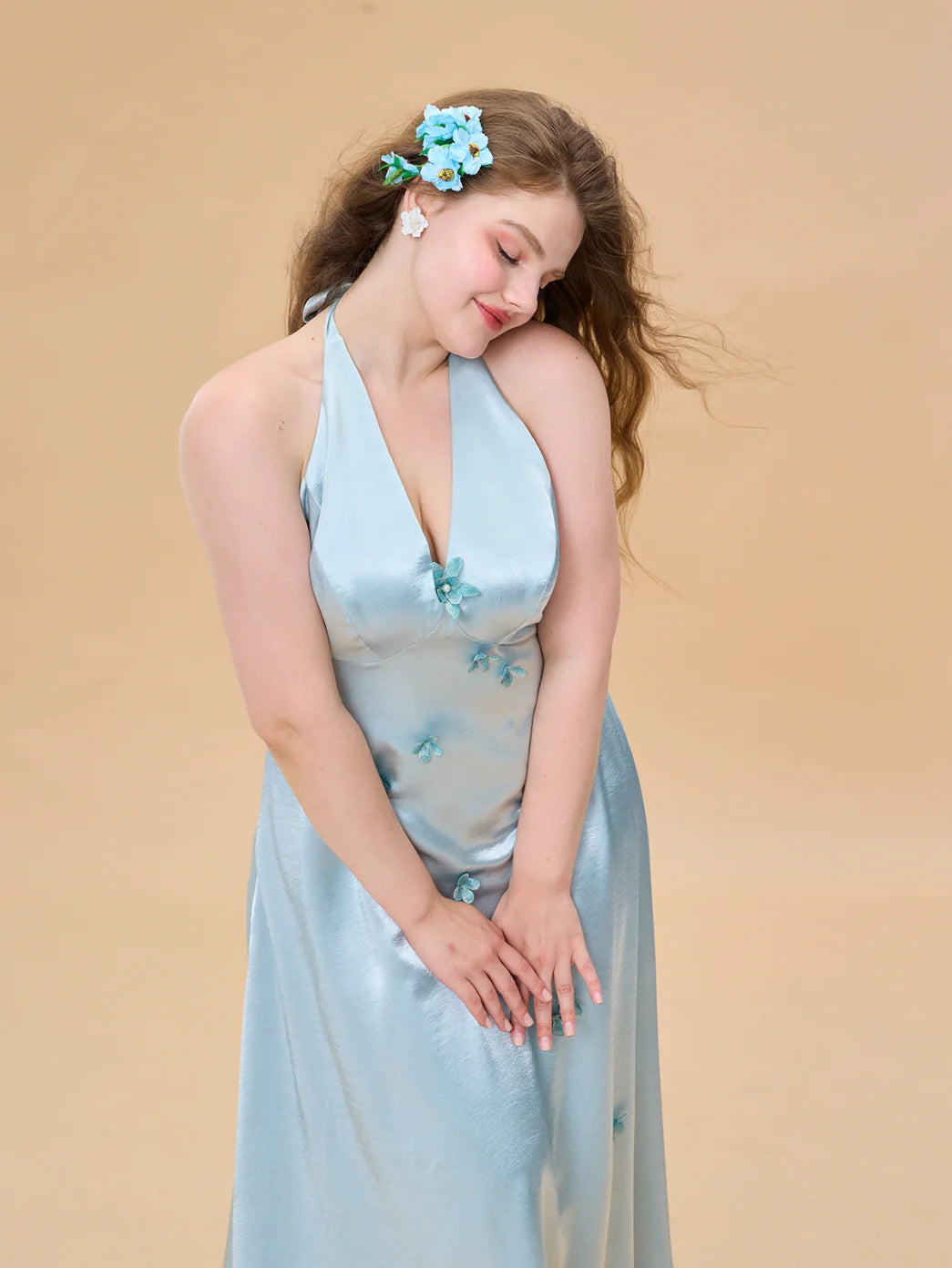 Ocean Bloom Satin Halter Dress