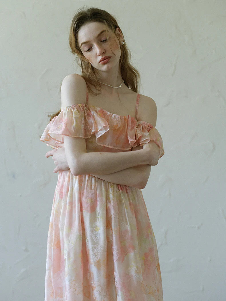 Peach Blossom Off-Shoulder Ruffle Dress
