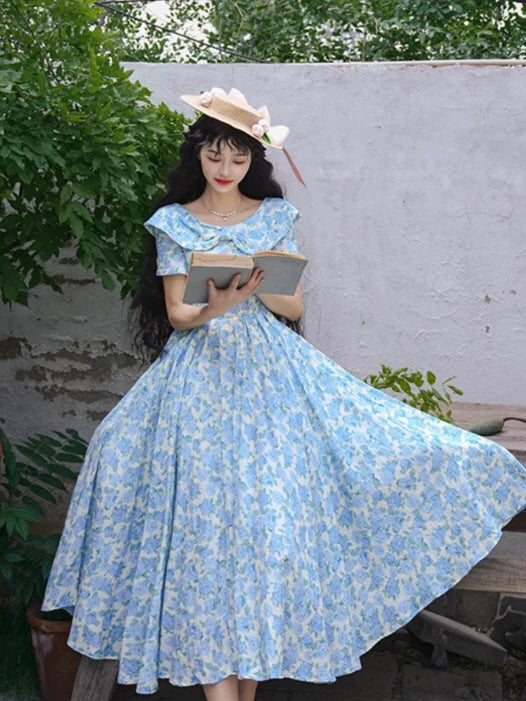 Blue Garden Bloom Vintage Dress