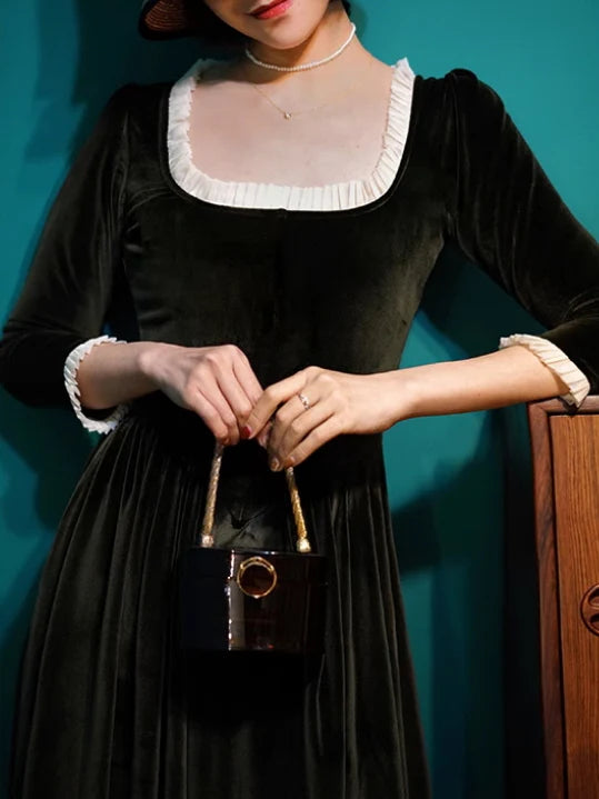 Ruffled Trim Royal Green Velvet Vintage Dress