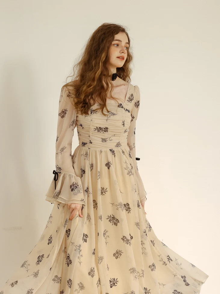 Enchanted Garden Long Beige Floral Dress