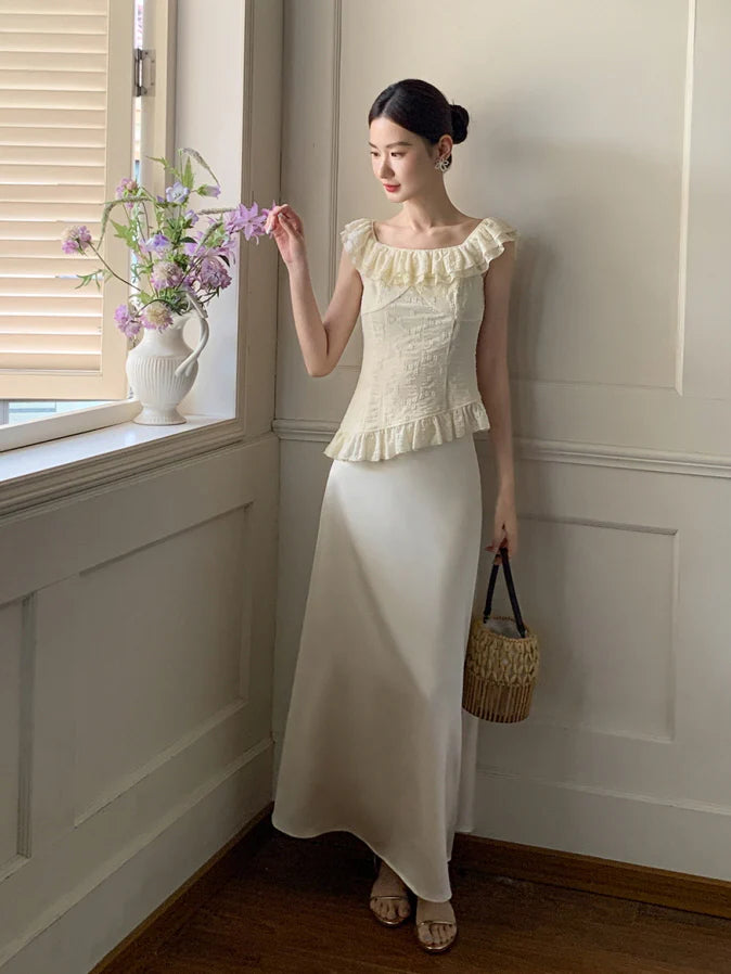 Ivory Ruffle Top & Satin Flare Skirt