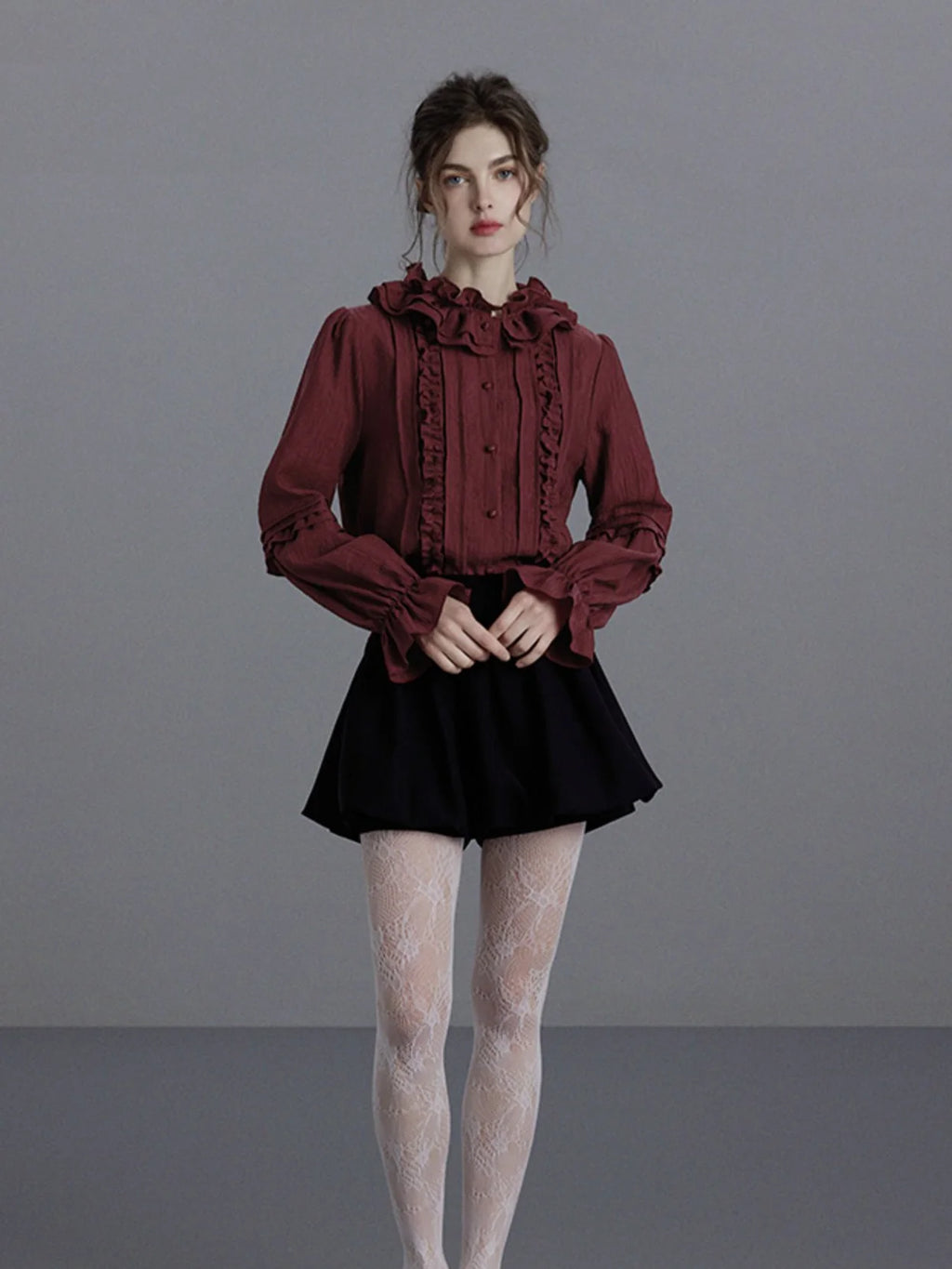 Elegant Wine Ruffled Victorian Blouse