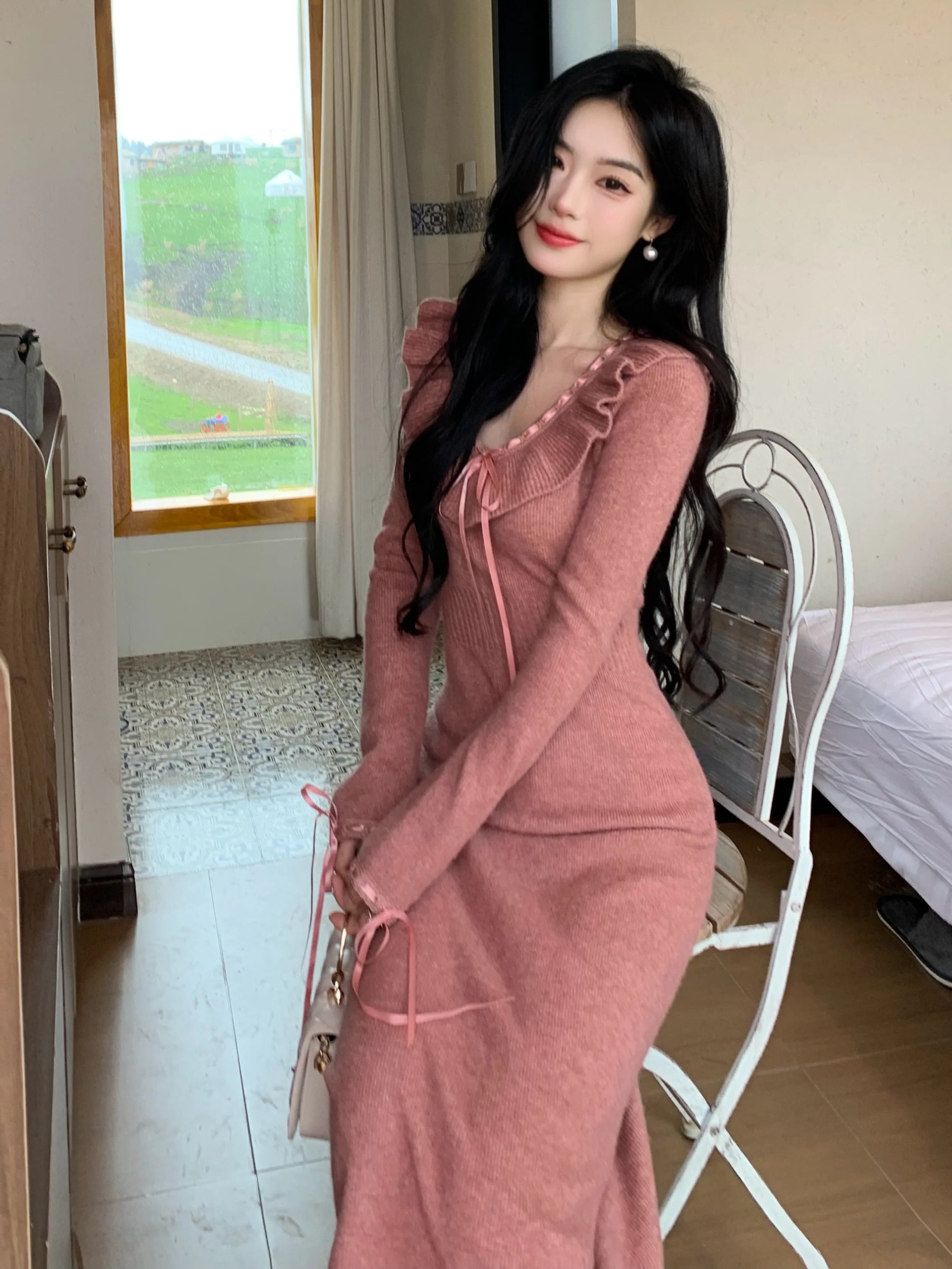 Ruffle Ribbon Blush Pink Knit Dress