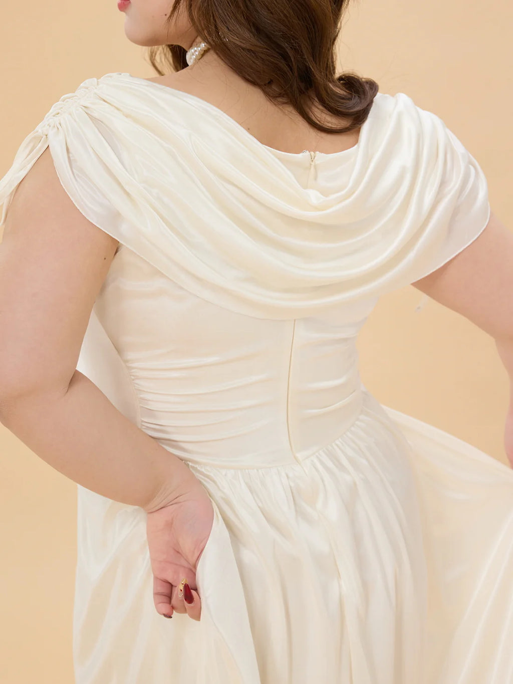 White Satin Glow Plus Size Dress with Ruched Shoulders