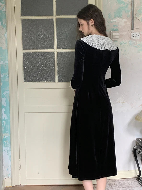 Velvet Elegance Lace Collar Dress