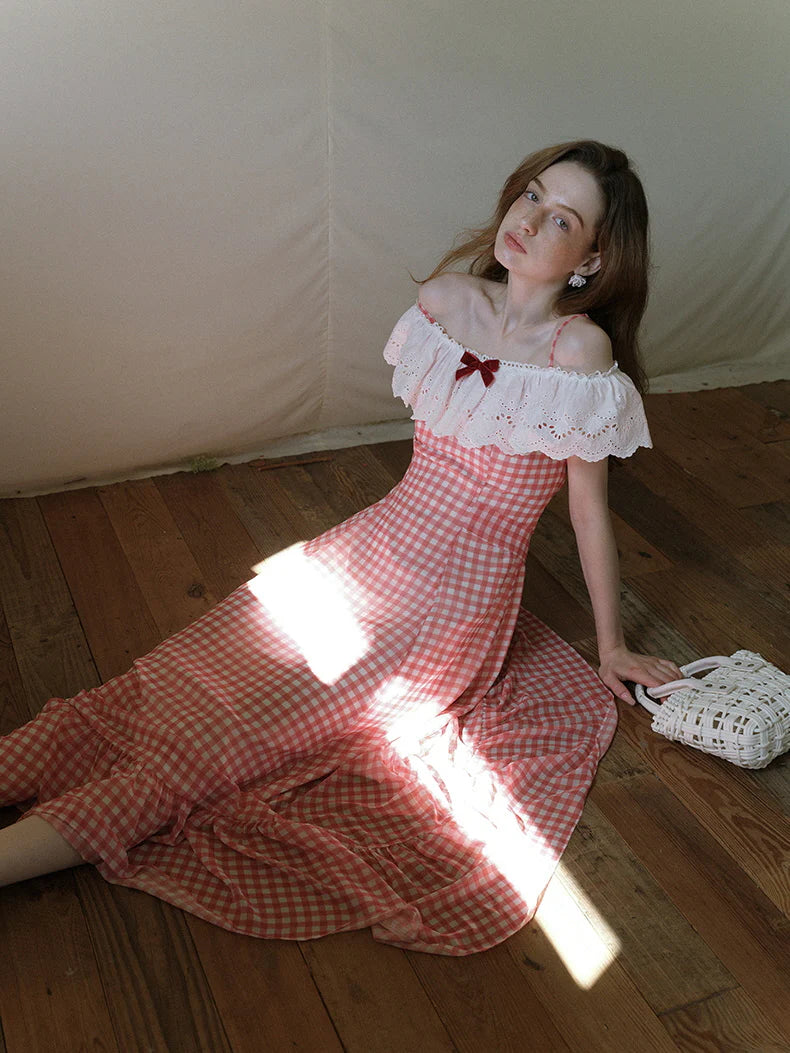 Red Gingham Off-Shoulder Frill Dress