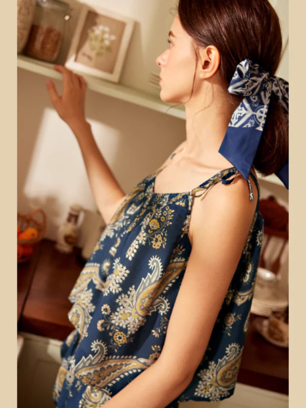Navy Paisley Tie-Strap Loungewear Set
