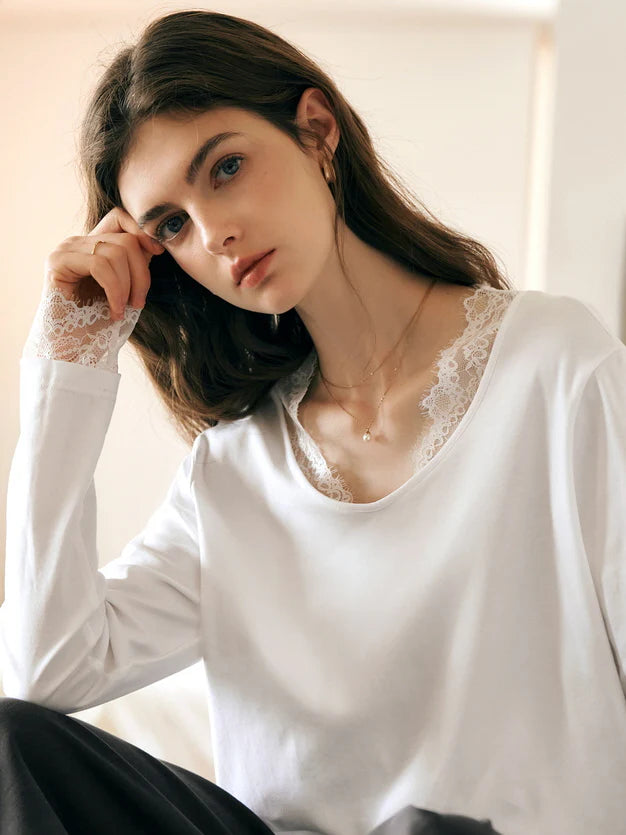 Lace Trim Soft Cotton Long Sleeve Top
