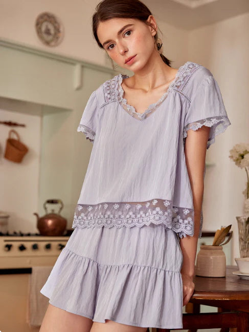 Lavender Lace Trim Two-Piece Loungewear Set