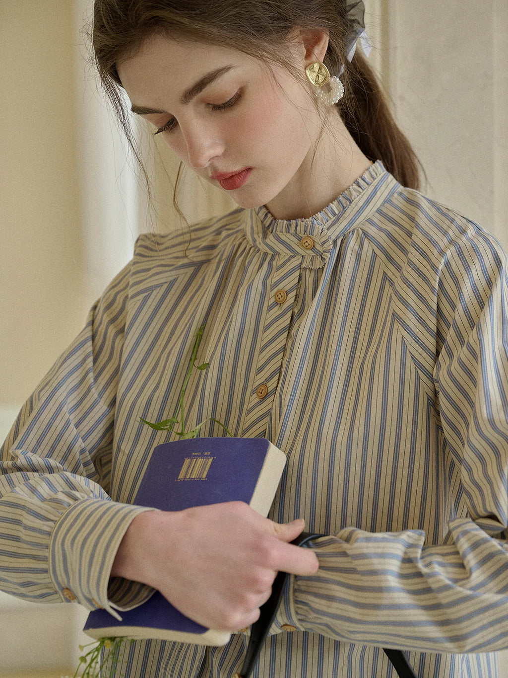 Striped Ruffle Collar Cotton Blouse