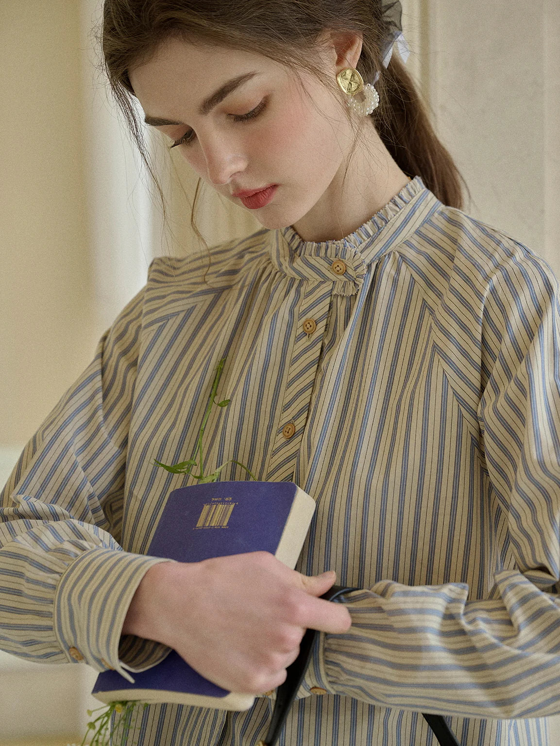 Striped Ruffle Collar Cotton Blouse