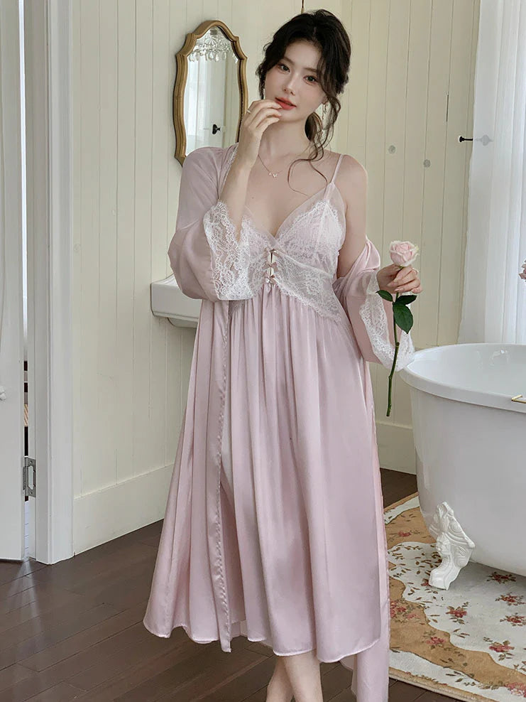 Blush Lace Trim Nightgown & Robe Set