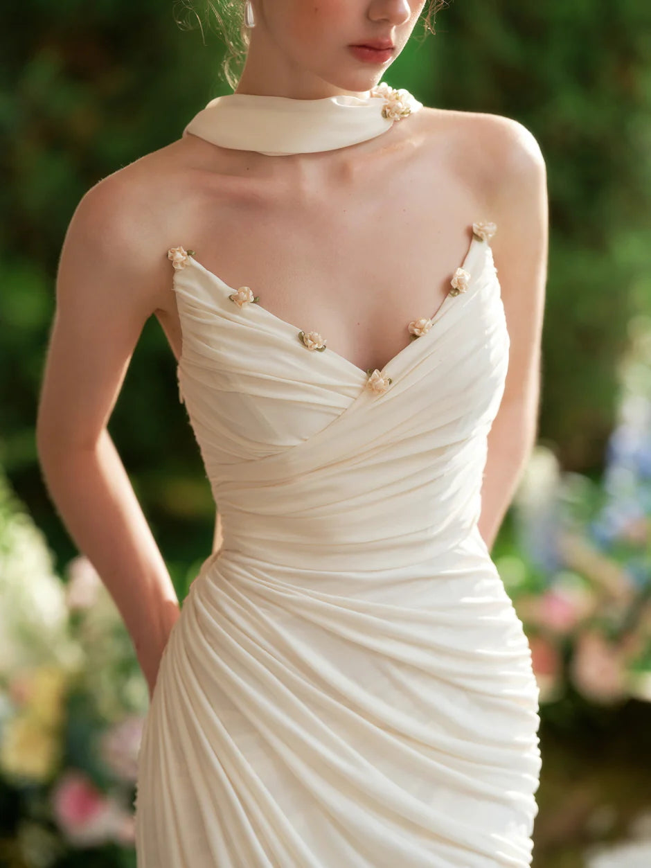 Enchanted Pearl Blossom Ruched Gown