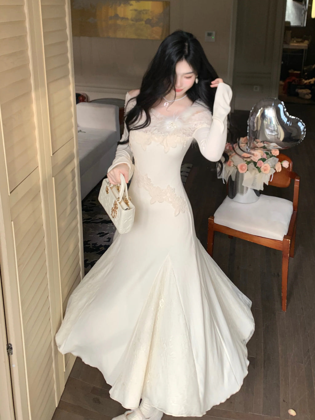 Winter Fairy Lace Feather Gown