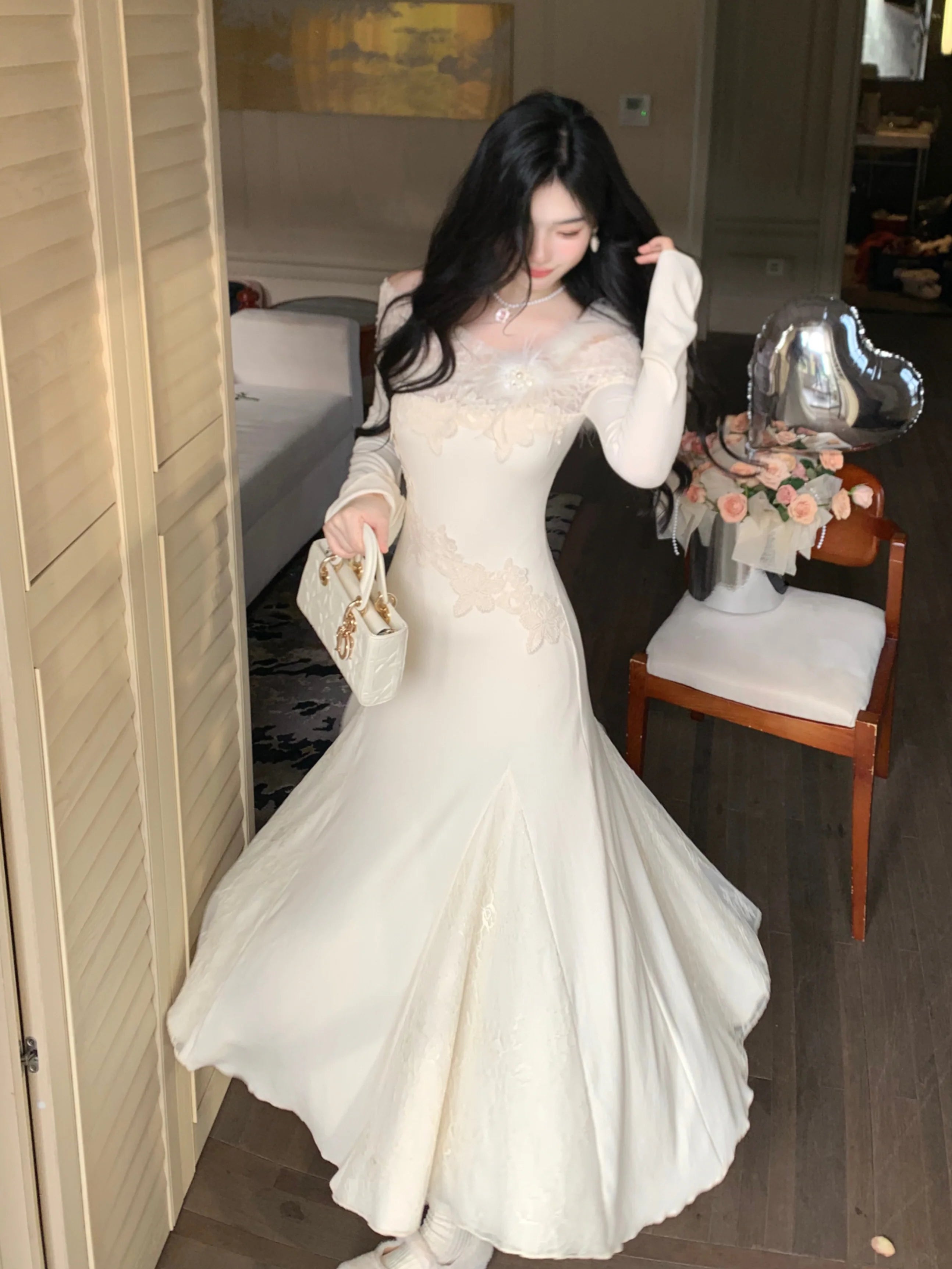 Winter Fairy Lace Feather Gown