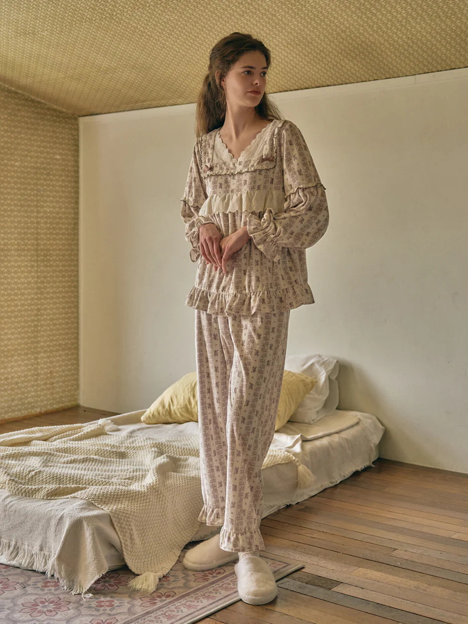 Brown Ribbon Lace Flannel Pajama Set