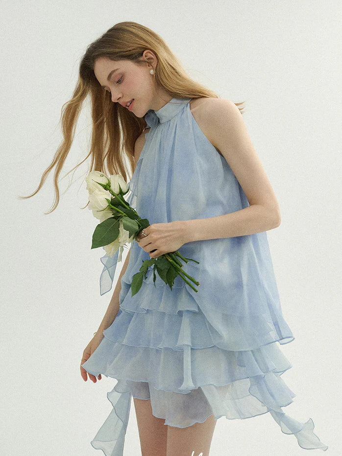Ethereal Blue Ruffle Rose Halter Top