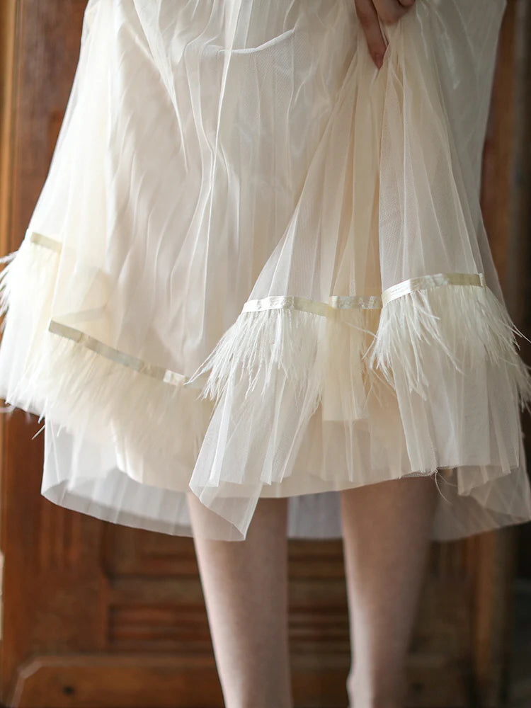 Dreamy Feather-Trim Pleated Skirt