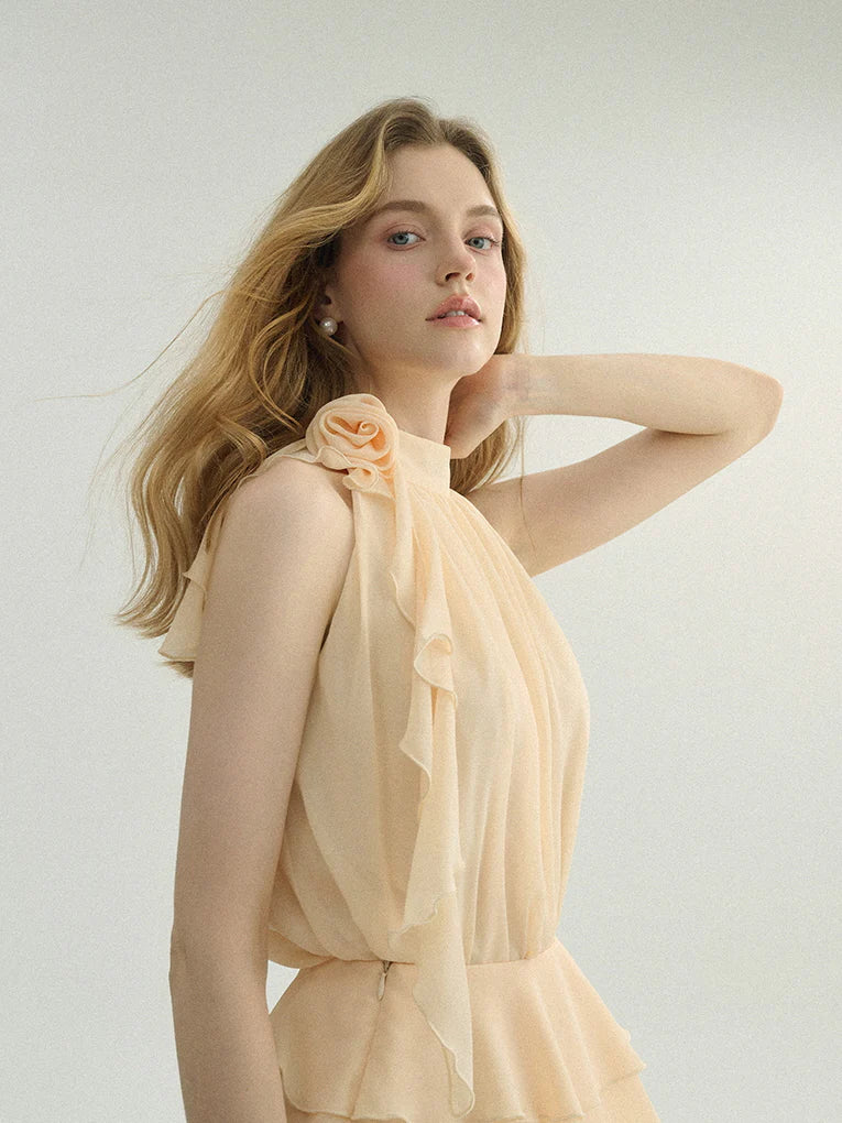 Ethereal Cream Ruffle Rose Halter Top