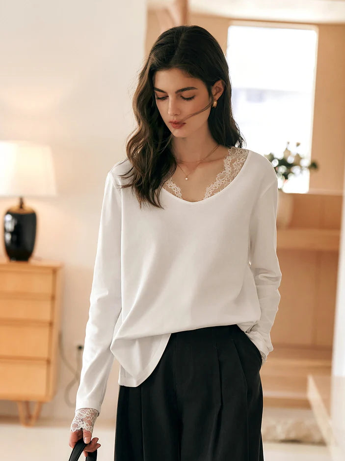 Lace Trim Soft Cotton Long Sleeve Top