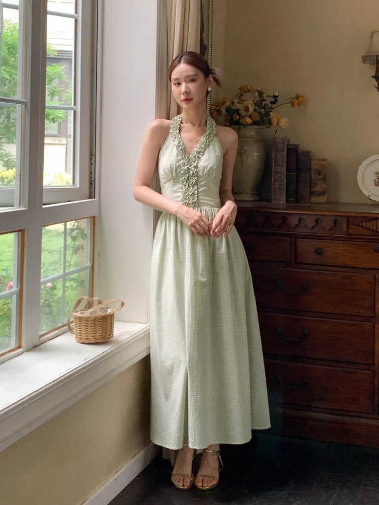 Romantic Green Gingham Halter Dress