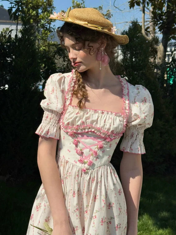 Strawberry Bloom Lace-Up Dress