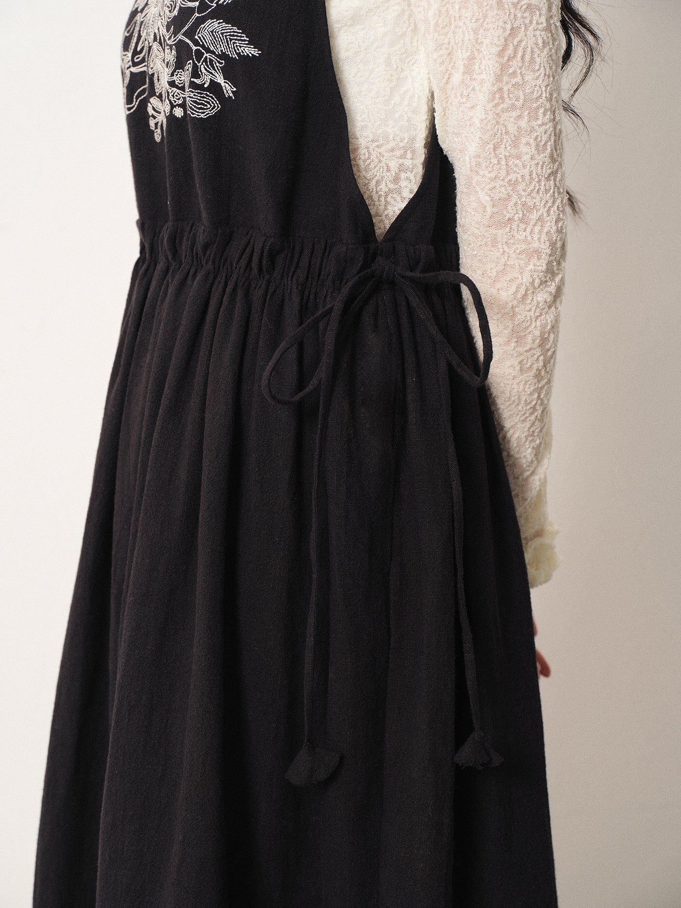 Floral Embroidered Linen-Cotton Pinafore Dress