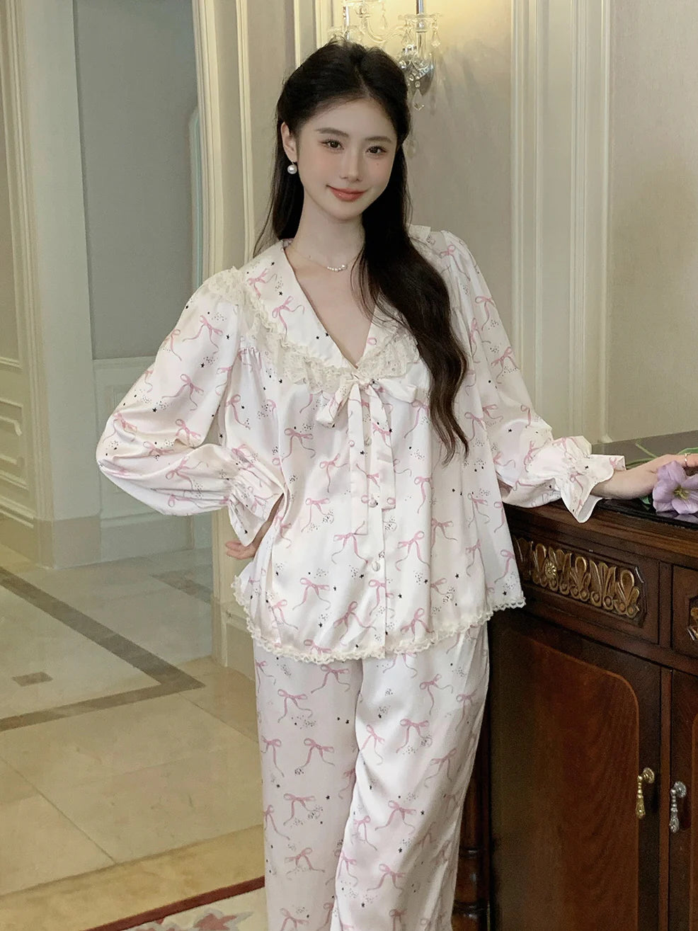 Pink Bow Charm Satin Pajama Set