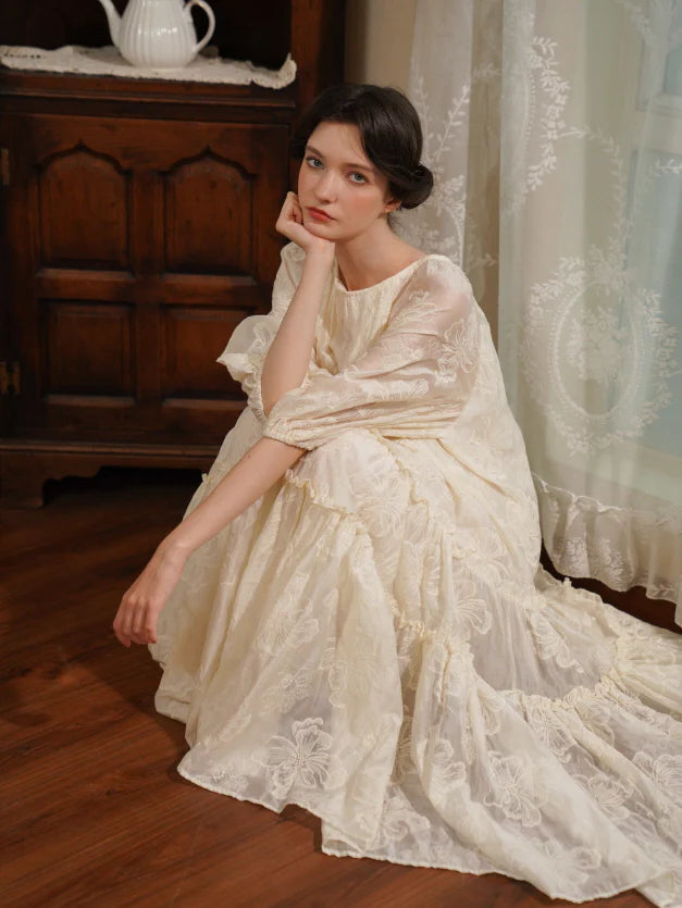 Embroidered Shawl Collar Tiered Dress