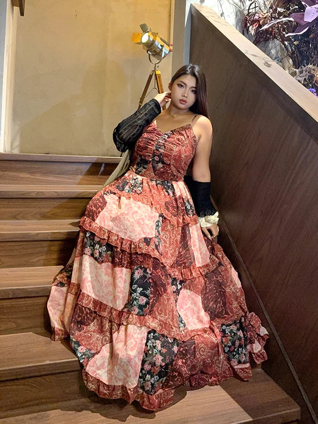 Rosy Patchwork Ruffle Maxi Dress