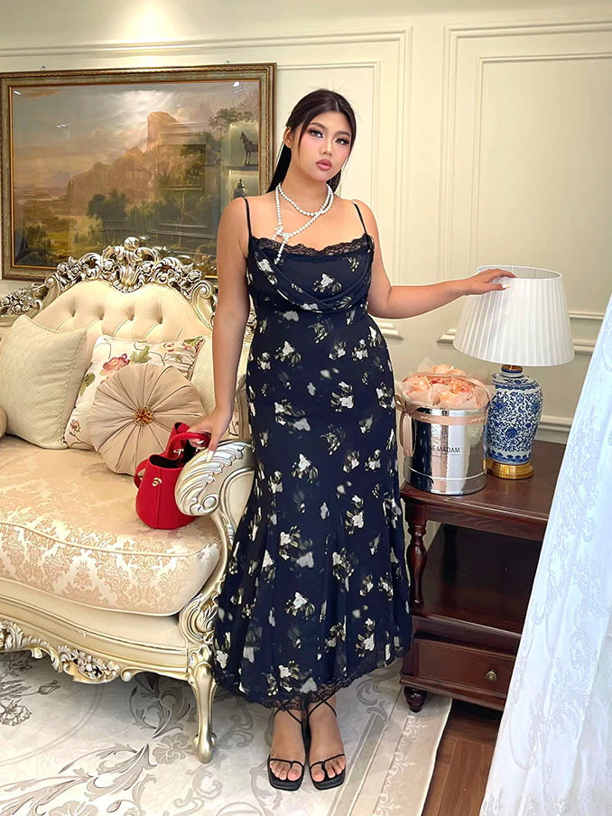 Midnight Bloom Lace Trim Floral Dress