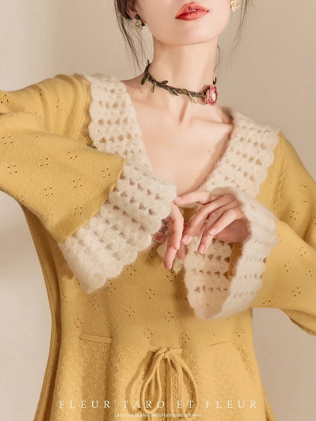 Golden Daydream Crochet Trim Knit Dress