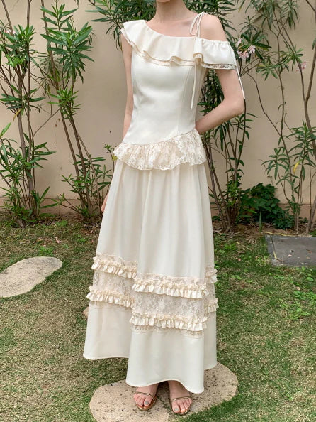 Ivory Ribbon Shoulder Ruffle Top & Skirt