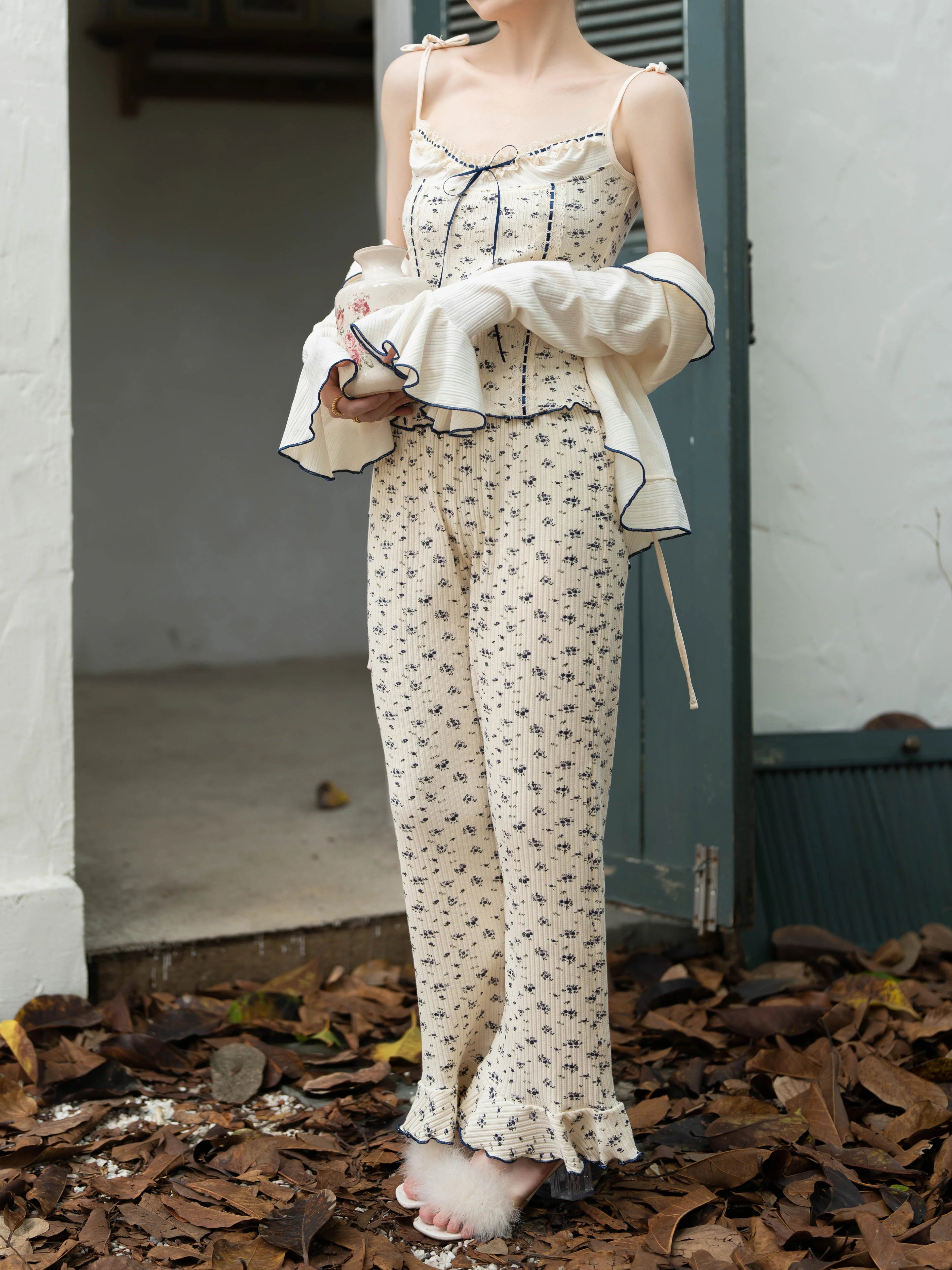 Navy Ribbon Floral Loungewear Set