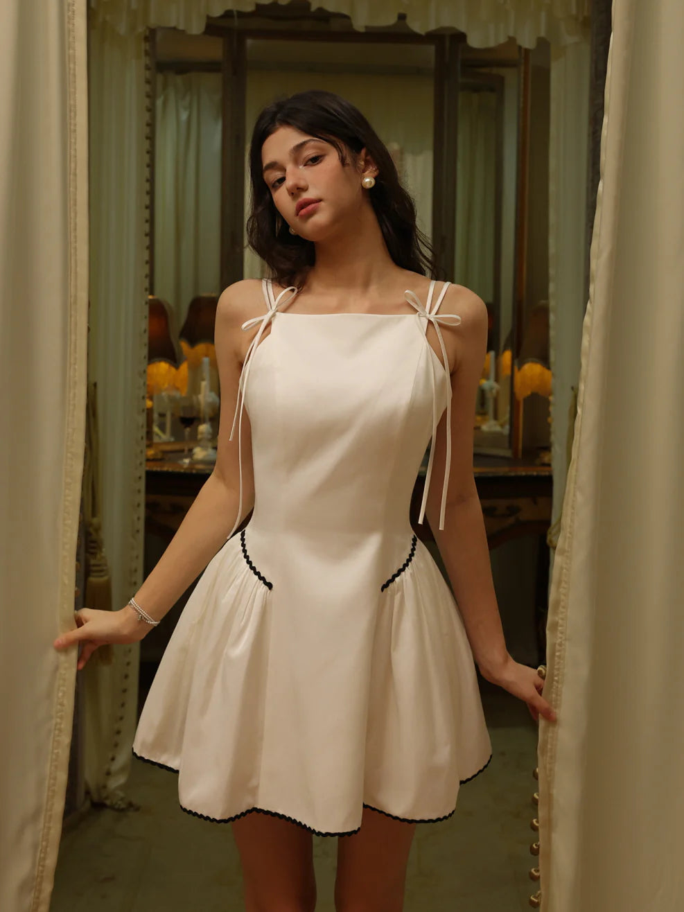 White Ribbon-Shoulder Mini Dress