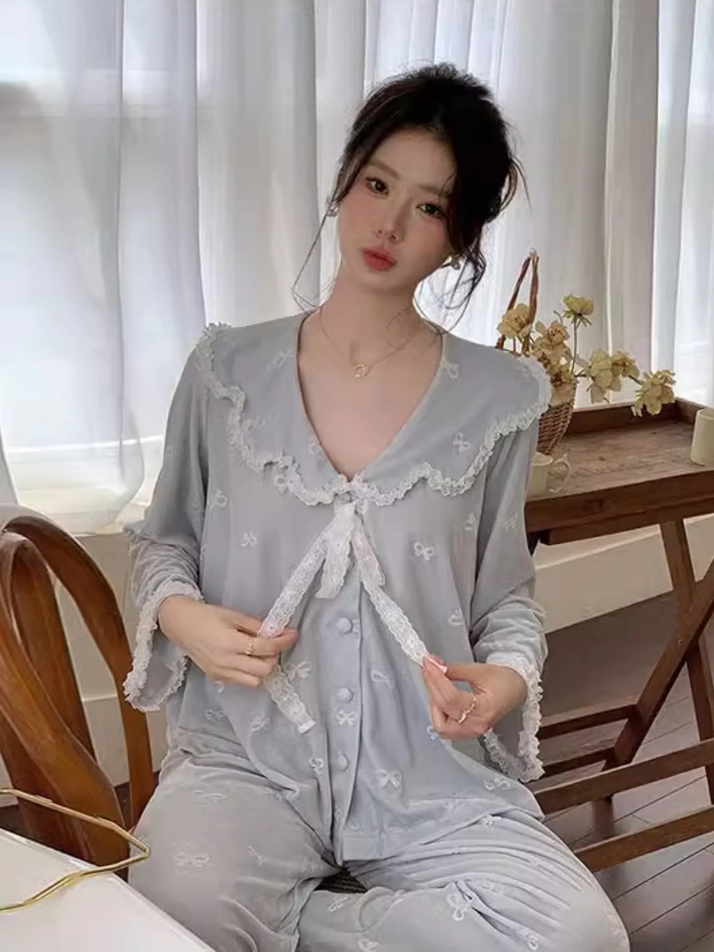 Whimsical Bow Lace Trim Loungewear Set