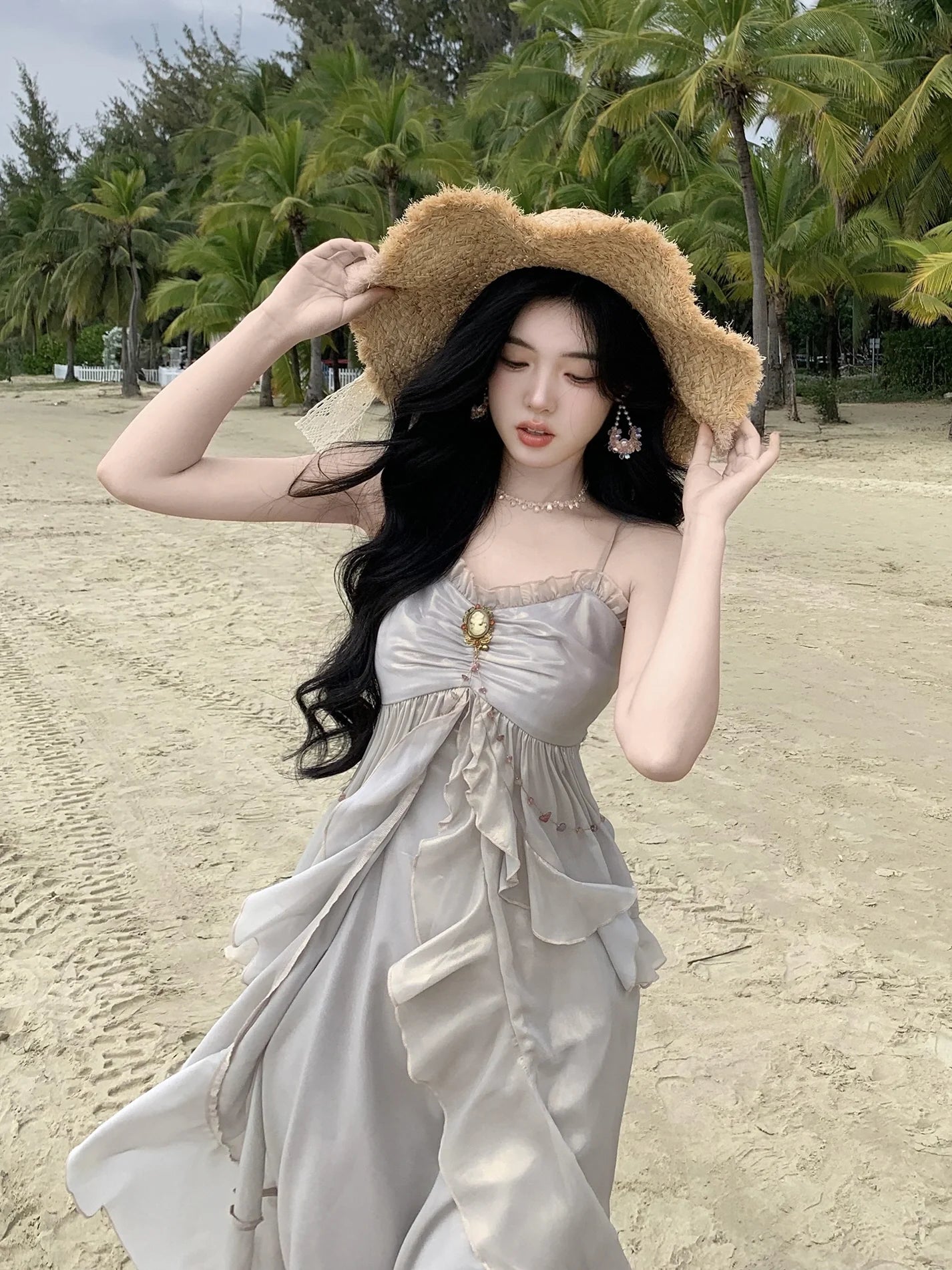 Vintage Brooch Elegance Ruffled Gown