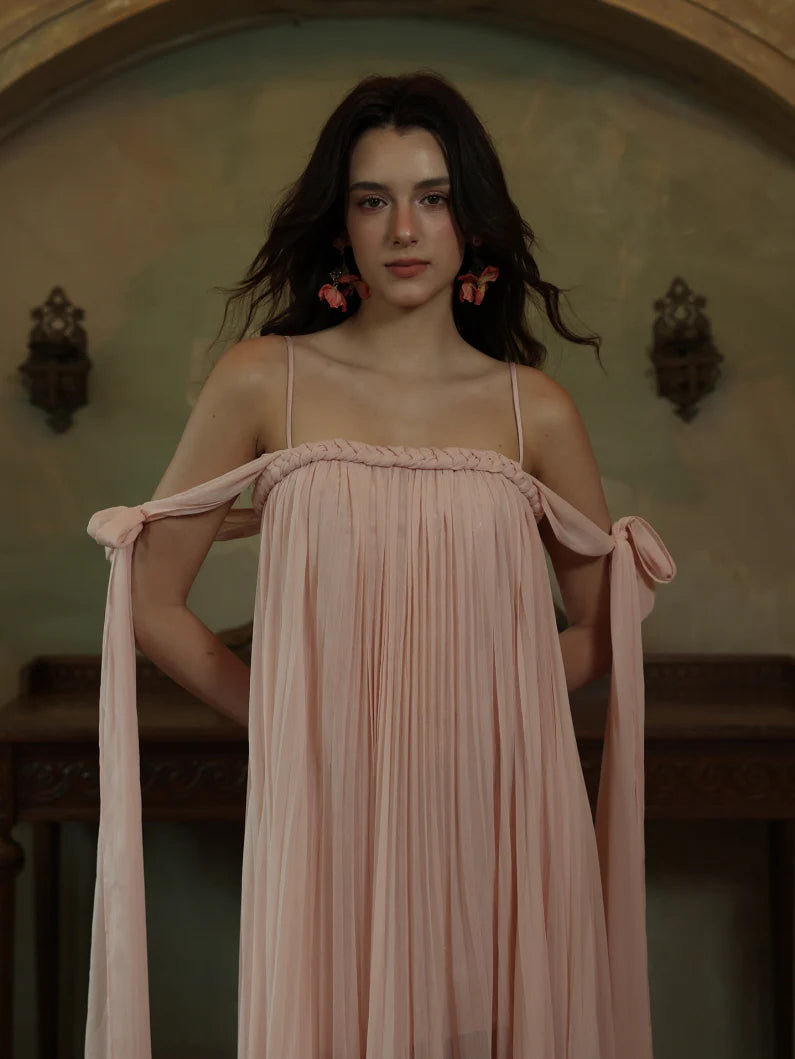 Off-Shoulder Blush Pleated Ribbon Dress