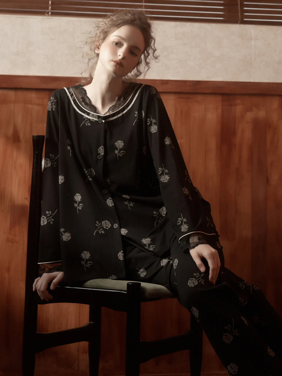 Vintage Rose Lace Trim Pajama Set