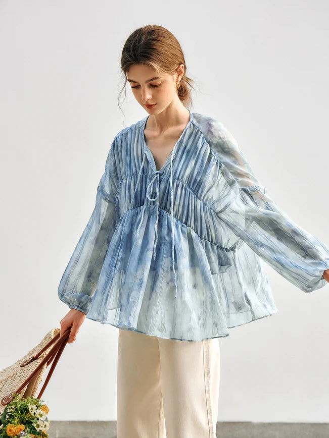 Cloudy Sky Sheer Pleated Blouse