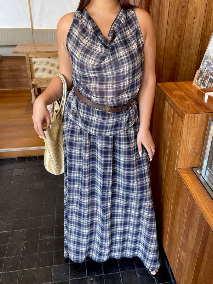Vintage Check Sleeveless Top & Maxi Skirt Set