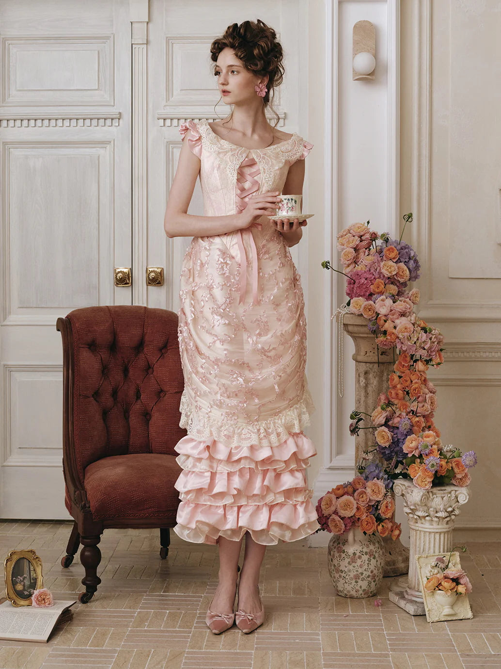 Vintage-Inspired Pink Ruffle Corset Dress