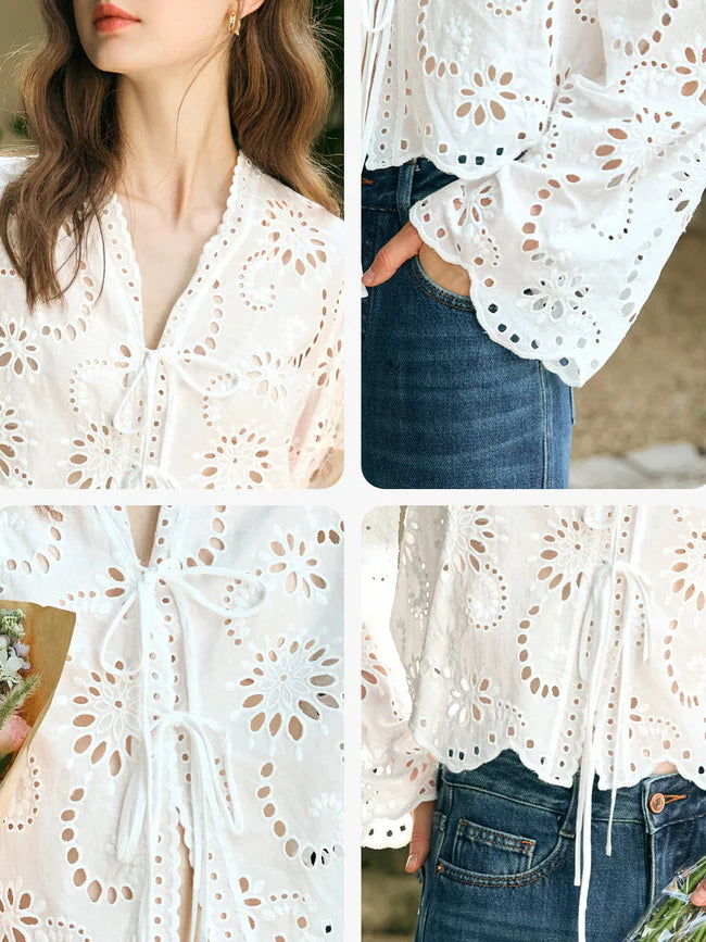 Floral Eyelet Lace Tie-Front Blouse