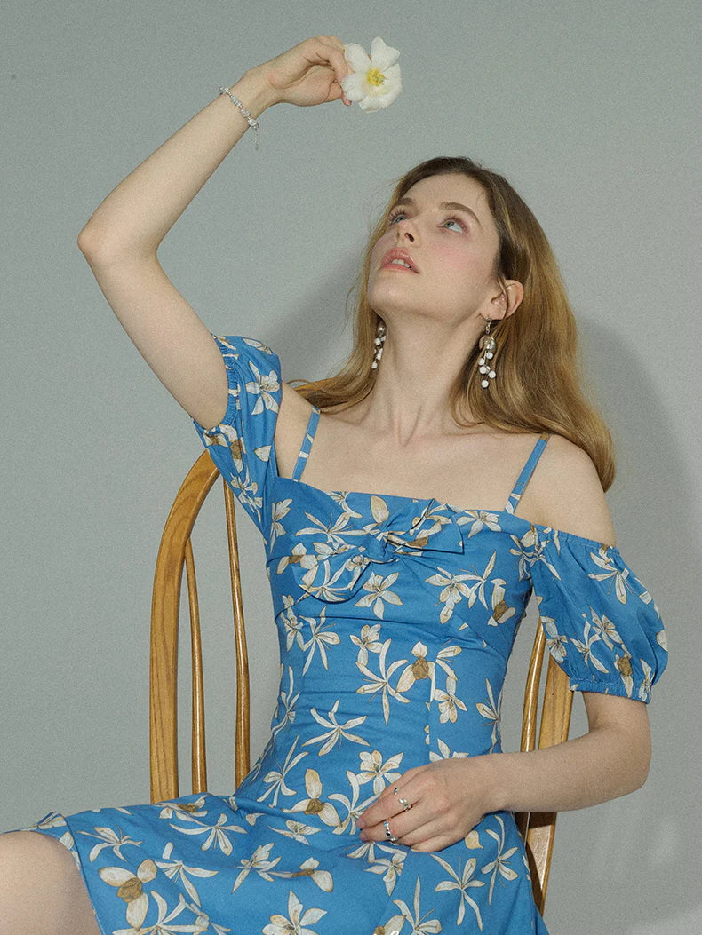 Blue Floral Off-Shoulder Summer Dress