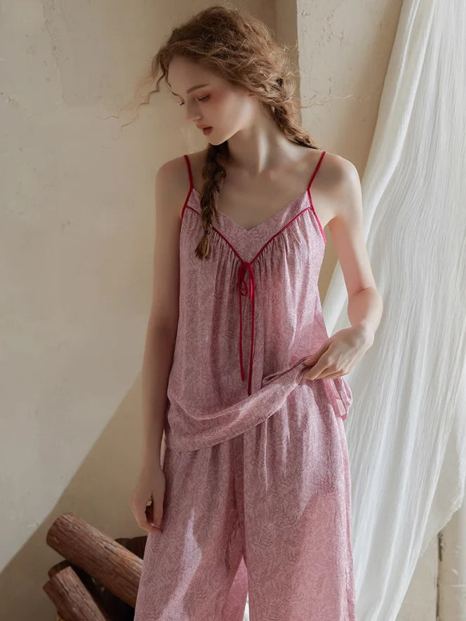 Vintage Ribbon-Tie Pajama Set