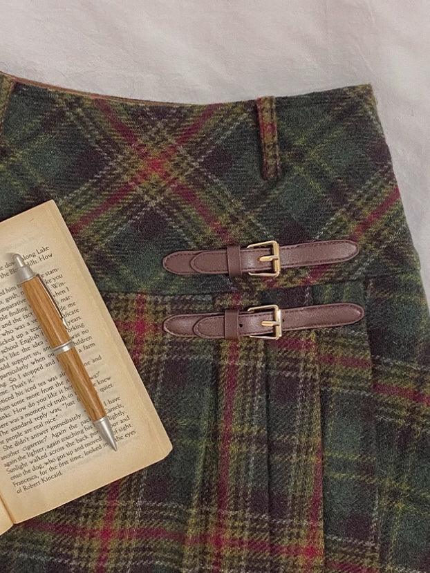 Vintage Wool Plaid Buckle Green Checkered Skirt