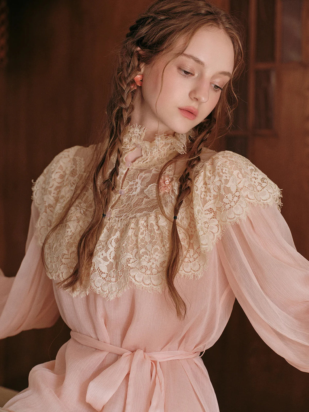 Vintage Lace Embellished Blush Pink Blouse